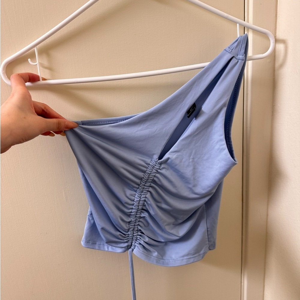 Windsor Light Blue One-Shoulder Ruched Crop Top